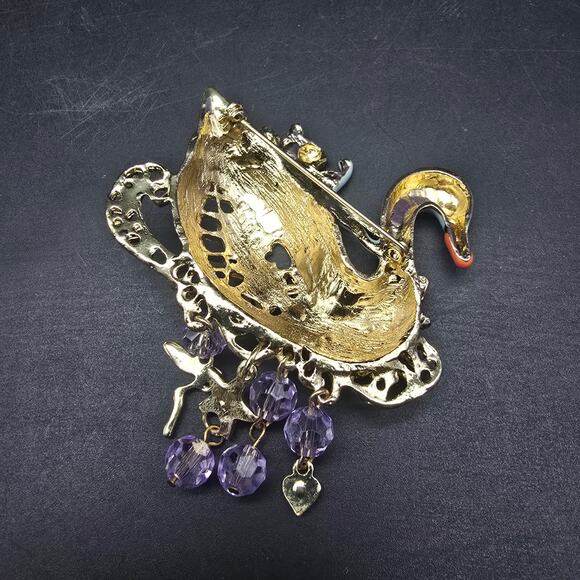 Powder Blue Enamel Swan Brooch Purple Gold Tone Charms Whimsical - Picture 3 of 7